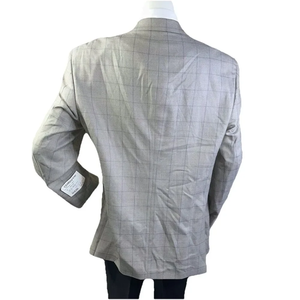 New Claiborne Men’s 46R Blazer Windowpane Silk Wool Blend Classic Sport Coat